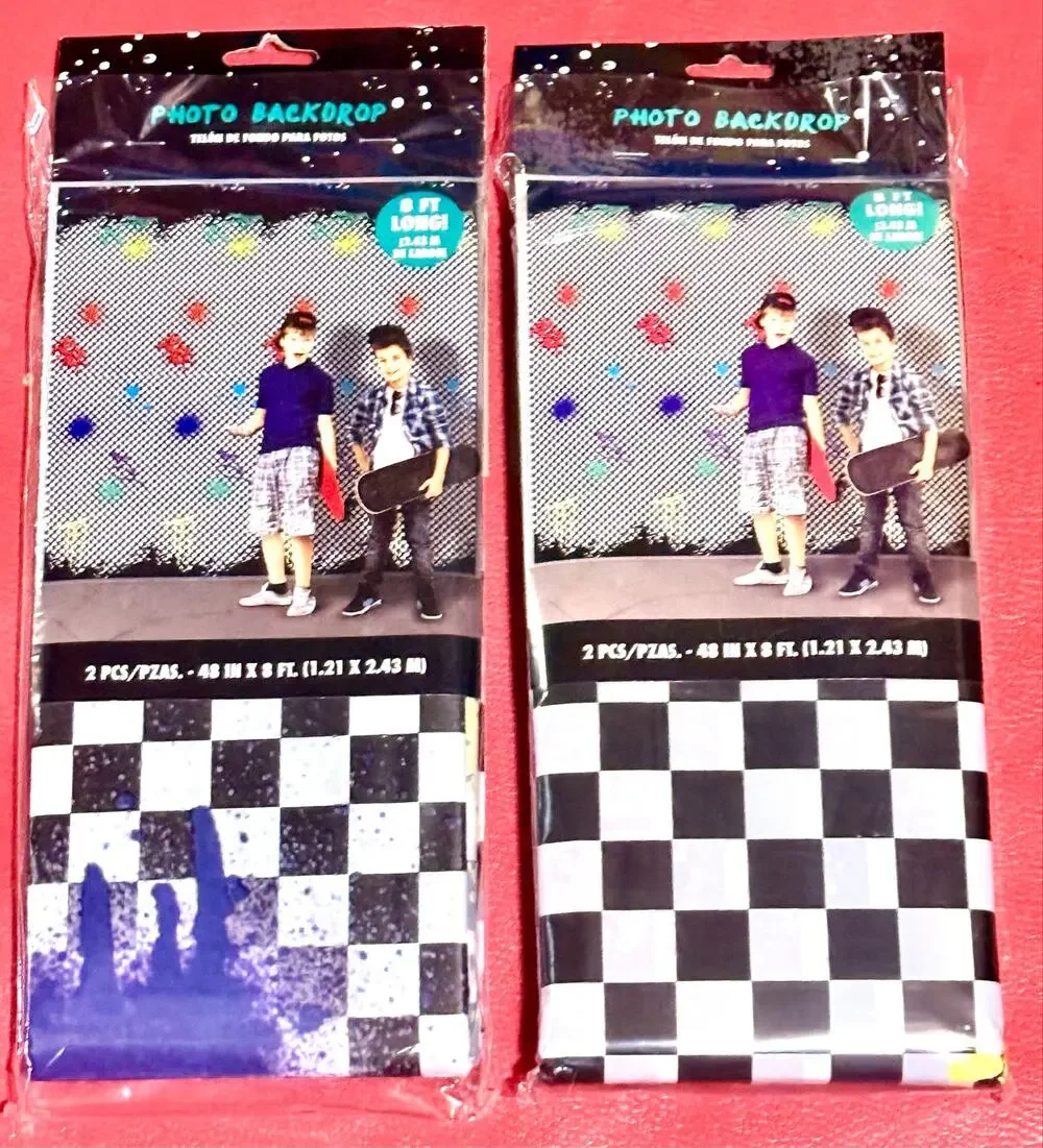2 Amscan 8-foot party photo wall banners black & white checkered paint splatter